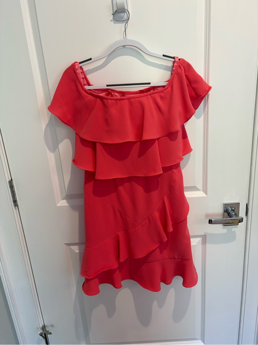 Monique Lhuillier Coral Red One-Shoulder Ruffle Dress